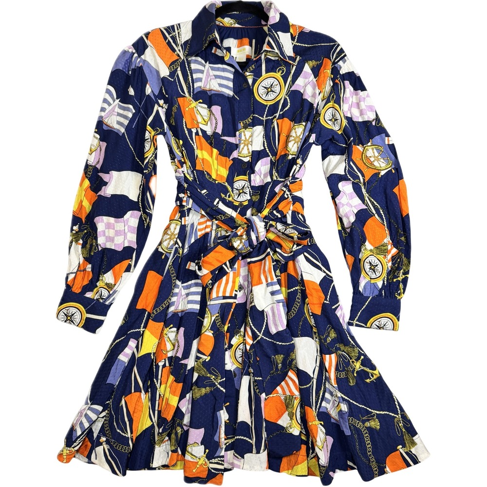 Maeve Dress Women Small Blue Nautical Sailboat Chain Print Long Sleeve Mini